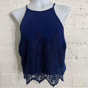 About A Girl Juniors Top L Blue Crop Crochet Rayon Blend AR19